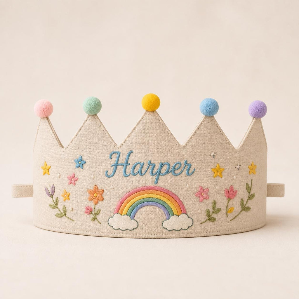Personalized Embroidered Birthday Crown, Custom Name & Age Linen-Look Kids Crown, First Birthday Party Hat, Baby Keepsake Gift
