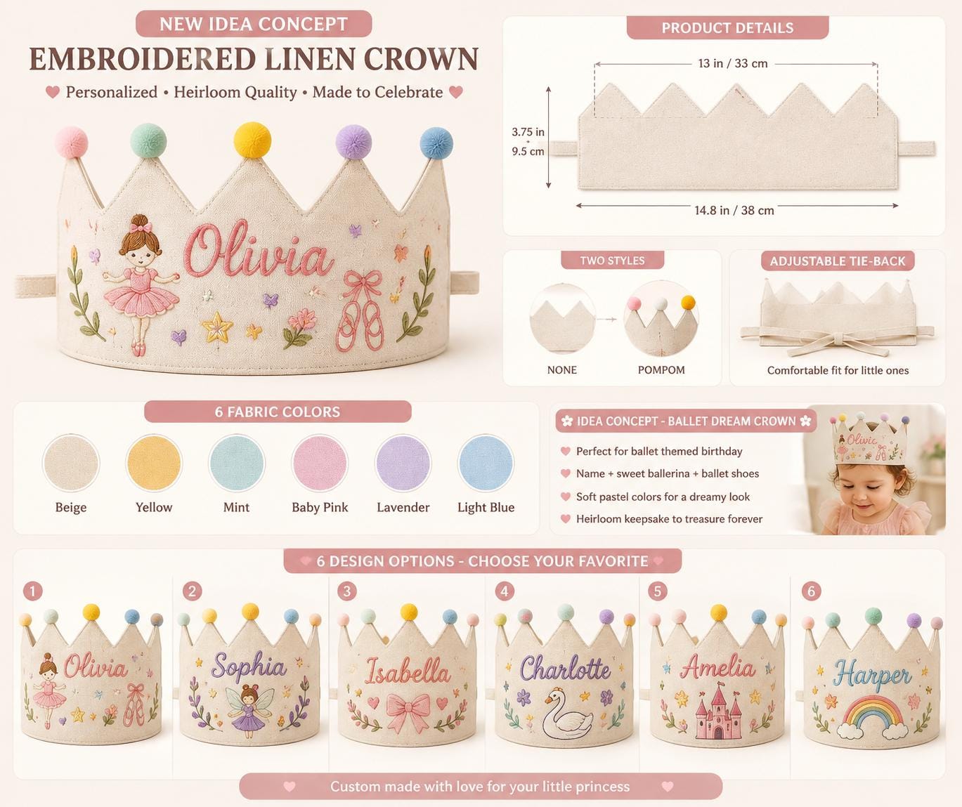 Personalized Embroidered Birthday Crown, Custom Name & Age Linen-Look Kids Crown, First Birthday Party Hat, Baby Keepsake Gift