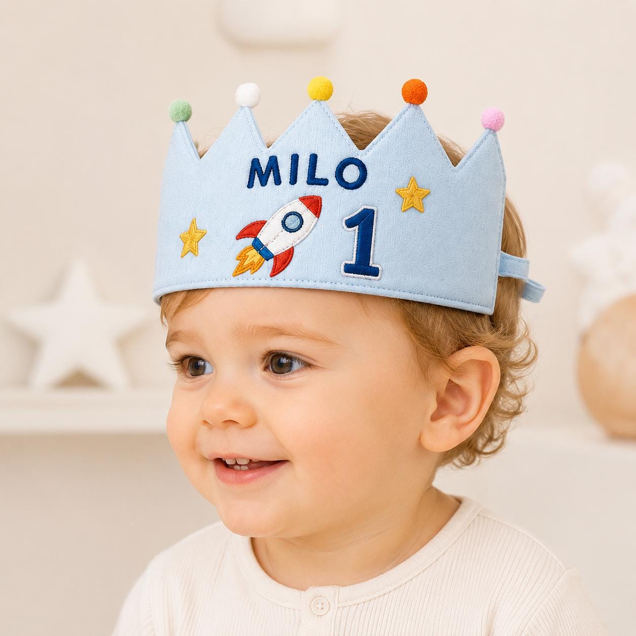 Personalized Space Birthday Crown, Embroidered Linen-Look Crown, Rocket First Birthday Hat, Custom Name Astronaut Party Crown