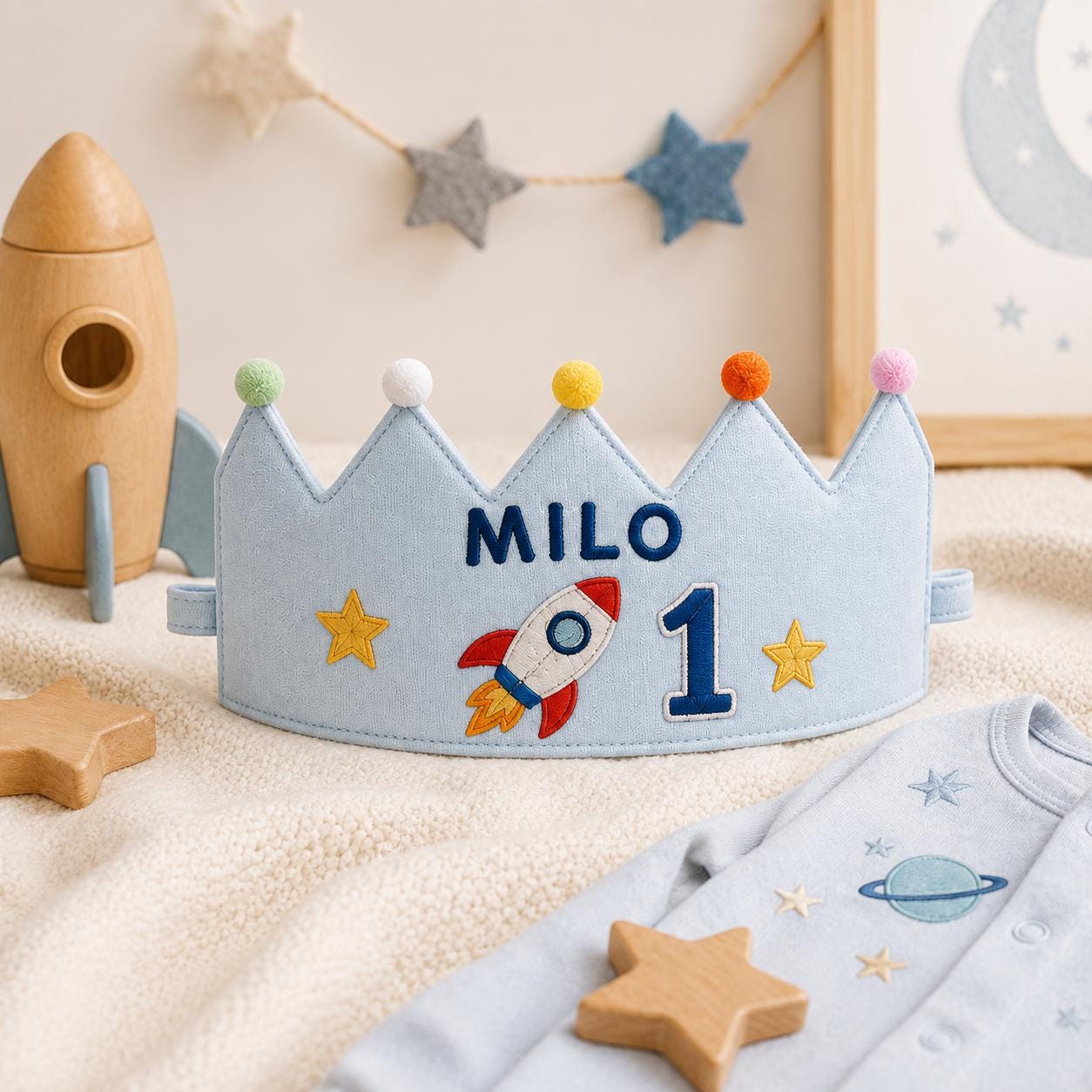 Personalized Space Birthday Crown, Embroidered Linen-Look Crown, Rocket First Birthday Hat, Custom Name Astronaut Party Crown