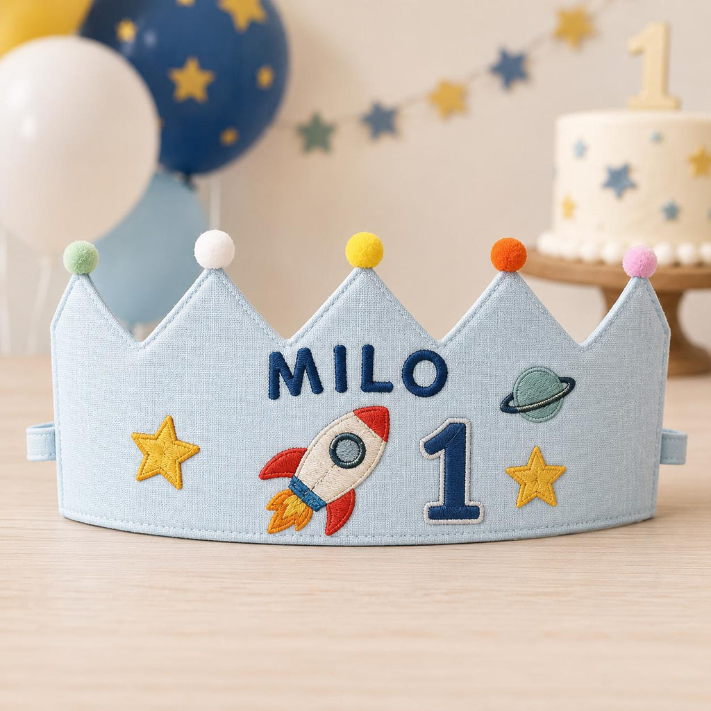 Personalized Space Birthday Crown, Embroidered Linen-Look Crown, Rocket First Birthday Hat, Custom Name Astronaut Party Crown