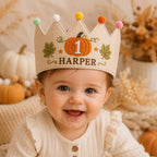 Personalized Pumpkin Birthday Crown, Embroidered Linen-Look Fall Birthday Hat, Custom Name First Birthday Crown, Little Pumpkin Keepsake