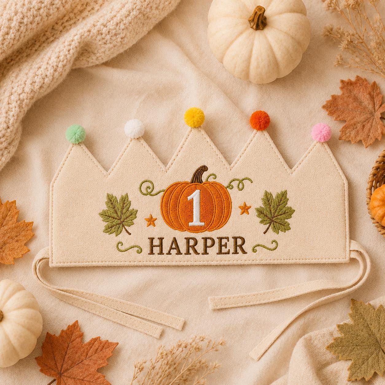 Personalized Pumpkin Birthday Crown, Embroidered Linen-Look Fall Birthday Hat, Custom Name First Birthday Crown, Little Pumpkin Keepsake