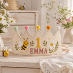 Personalized Bee Birthday Crown, Embroidered Linen-Look Crown, Custom Name First Birthday Hat, Daisy Garden Baby Keepsake