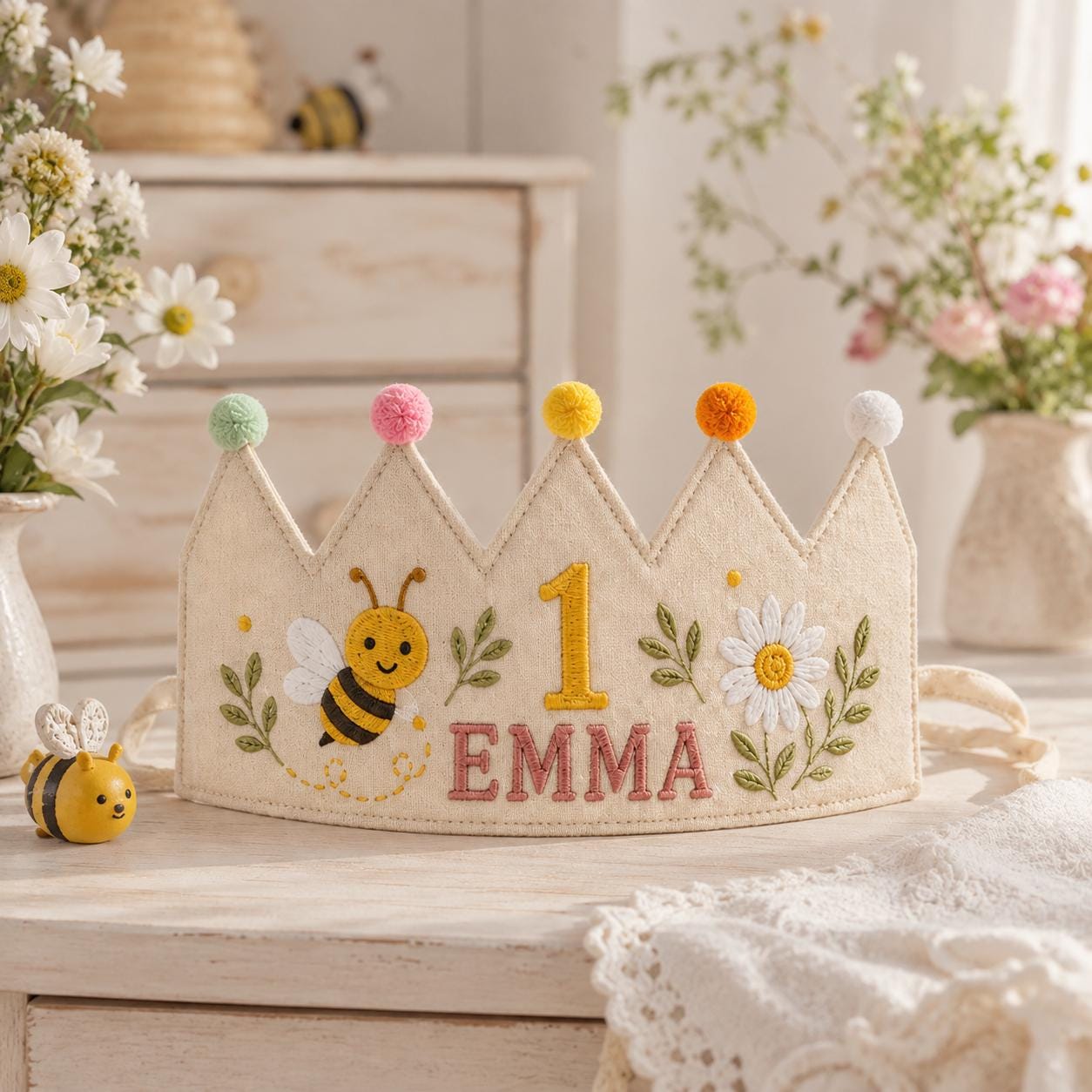 Personalized Bee Birthday Crown, Embroidered Linen-Look Crown, Custom Name First Birthday Hat, Daisy Garden Baby Keepsake