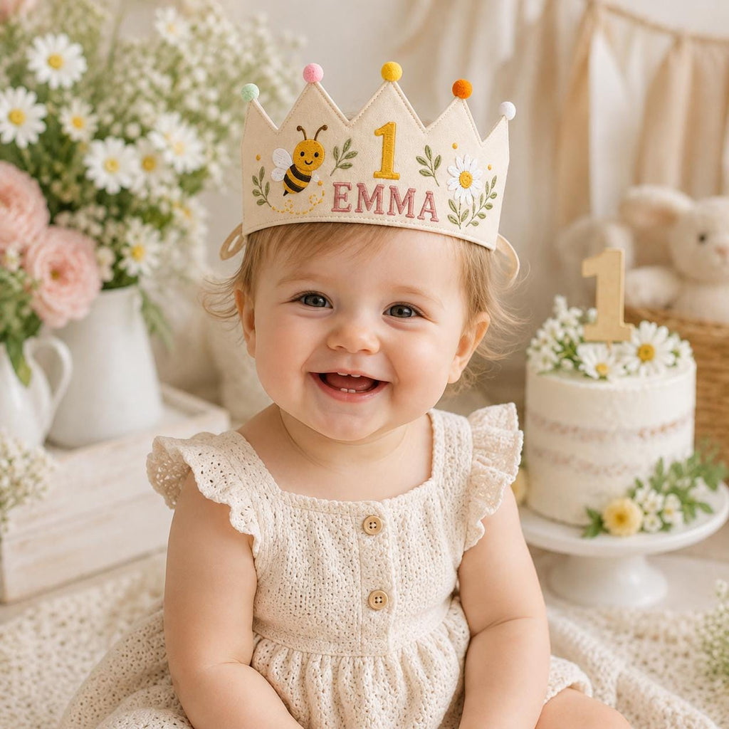 Personalized Bee Birthday Crown, Embroidered Linen-Look Crown, Custom Name First Birthday Hat, Daisy Garden Baby Keepsake