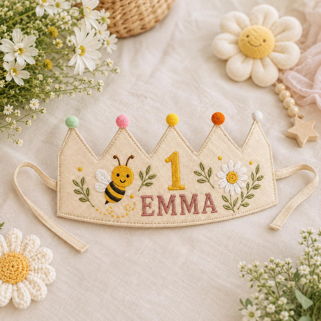 Personalized Bee Birthday Crown, Embroidered Linen-Look Crown, Custom Name First Birthday Hat, Daisy Garden Baby Keepsake