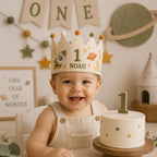 Personalized Embroidered Name Crown, Minimal Star Linen-Look Birthday Crown, Reusable Kids Party Hat, Baby Keepsake Gift