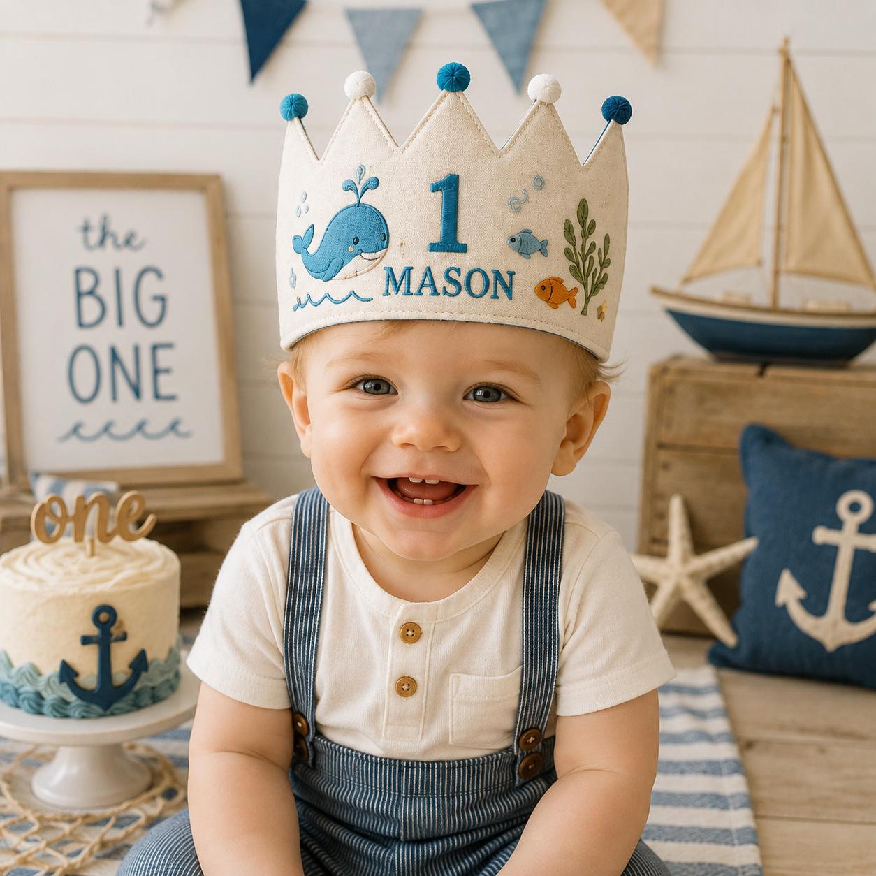 Personalized Embroidered Name Crown, Minimal Star Linen-Look Birthday Crown, Reusable Kids Party Hat, Baby Keepsake Gift