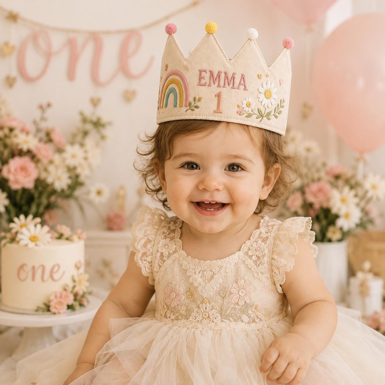 Personalized Embroidered Name Crown, Minimal Linen-Look Birthday Crown, Reusable Kids Party Hat, Custom Baby Keepsake
