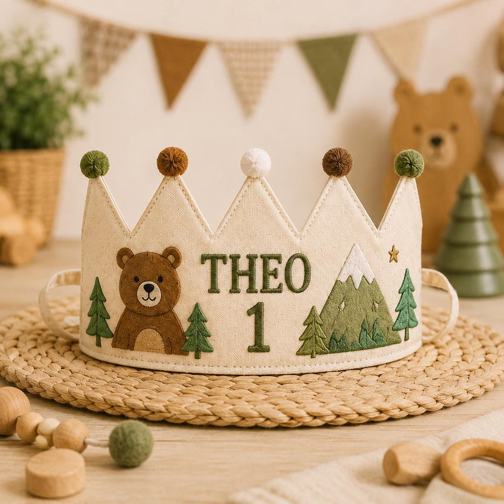 Personalized Embroidered Name Crown, Minimal Linen-Look Birthday Crown, Reusable Kids Party Hat, Custom Baby Keepsake