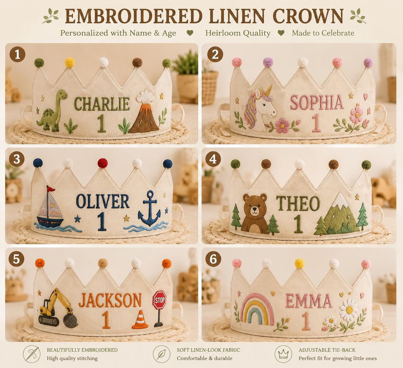 Personalized Embroidered Name Crown, Minimal Linen-Look Birthday Crown, Reusable Kids Party Hat, Custom Baby Keepsake