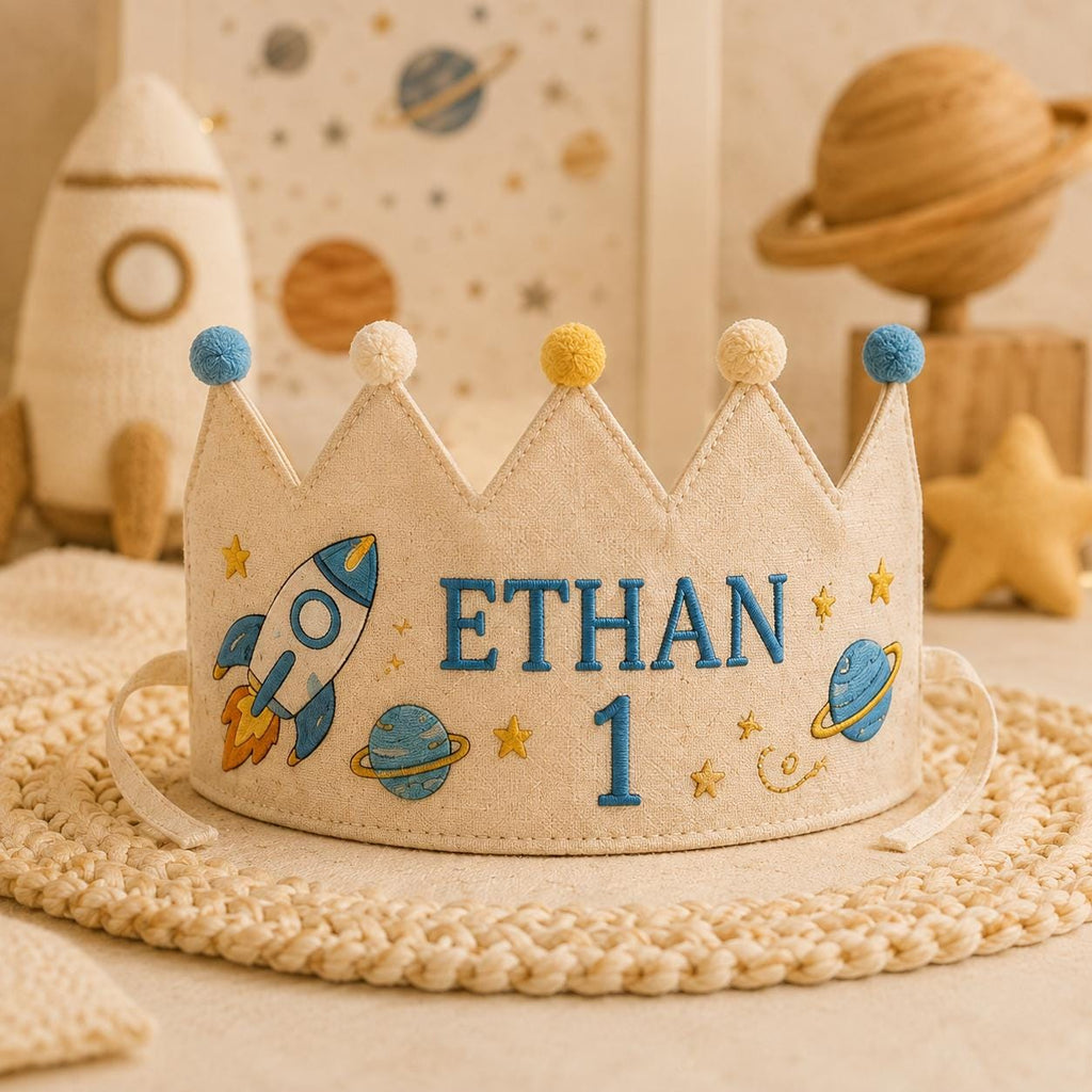 Personalized Little Fisherman Birthday Crown, Embroidered Linen-Look Fishing Crown, Custom Name First Birthday Hat