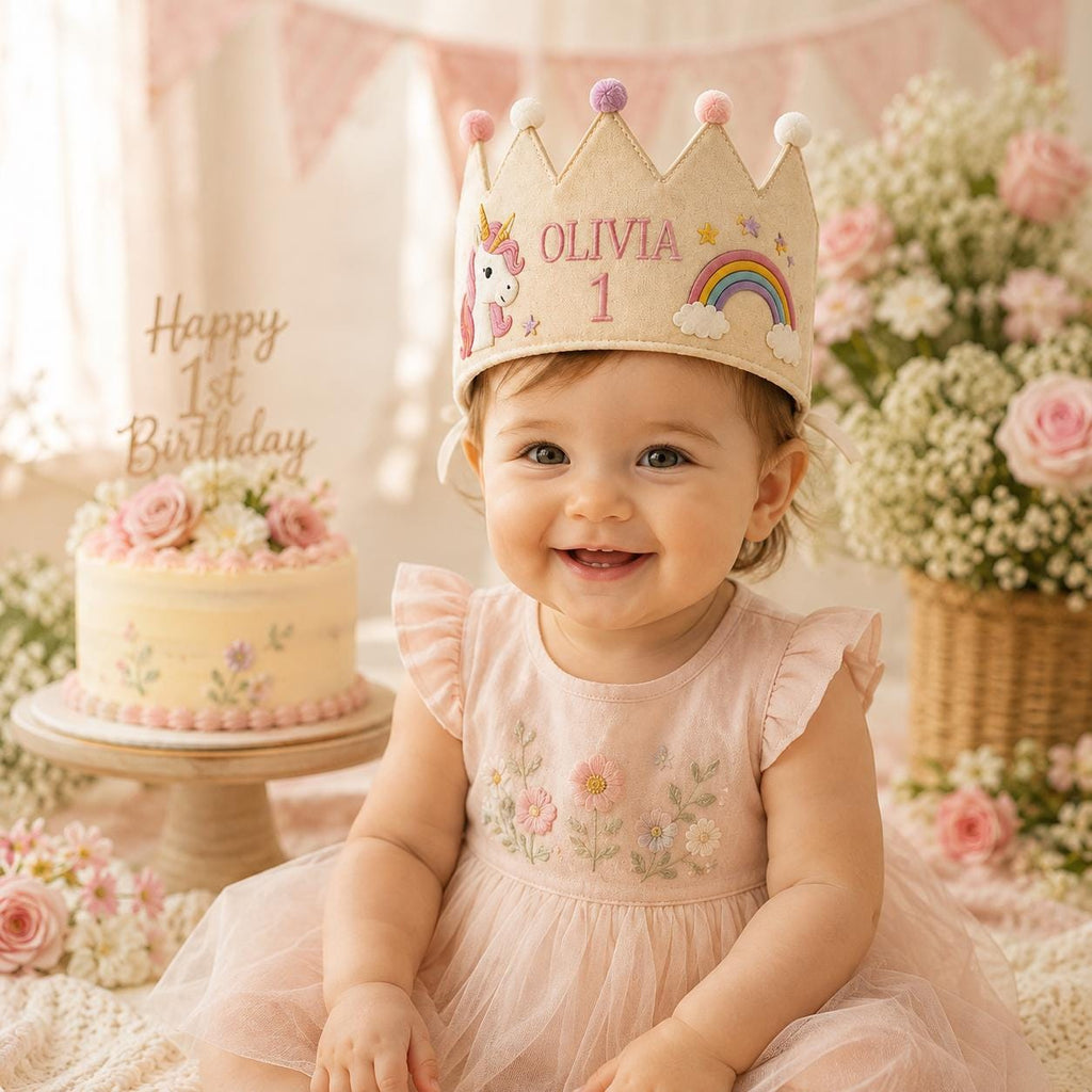 Personalized Little Fisherman Birthday Crown, Embroidered Linen-Look Crown, Custom Name First Birthday Hat