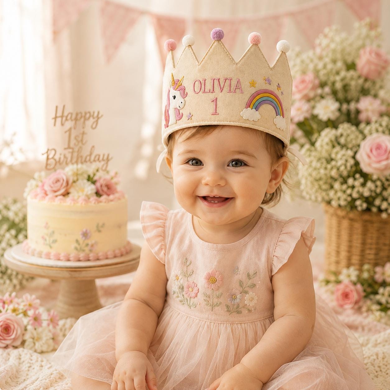 Personalized Little Fisherman Birthday Crown, Embroidered Linen-Look Crown, Custom Name First Birthday Hat