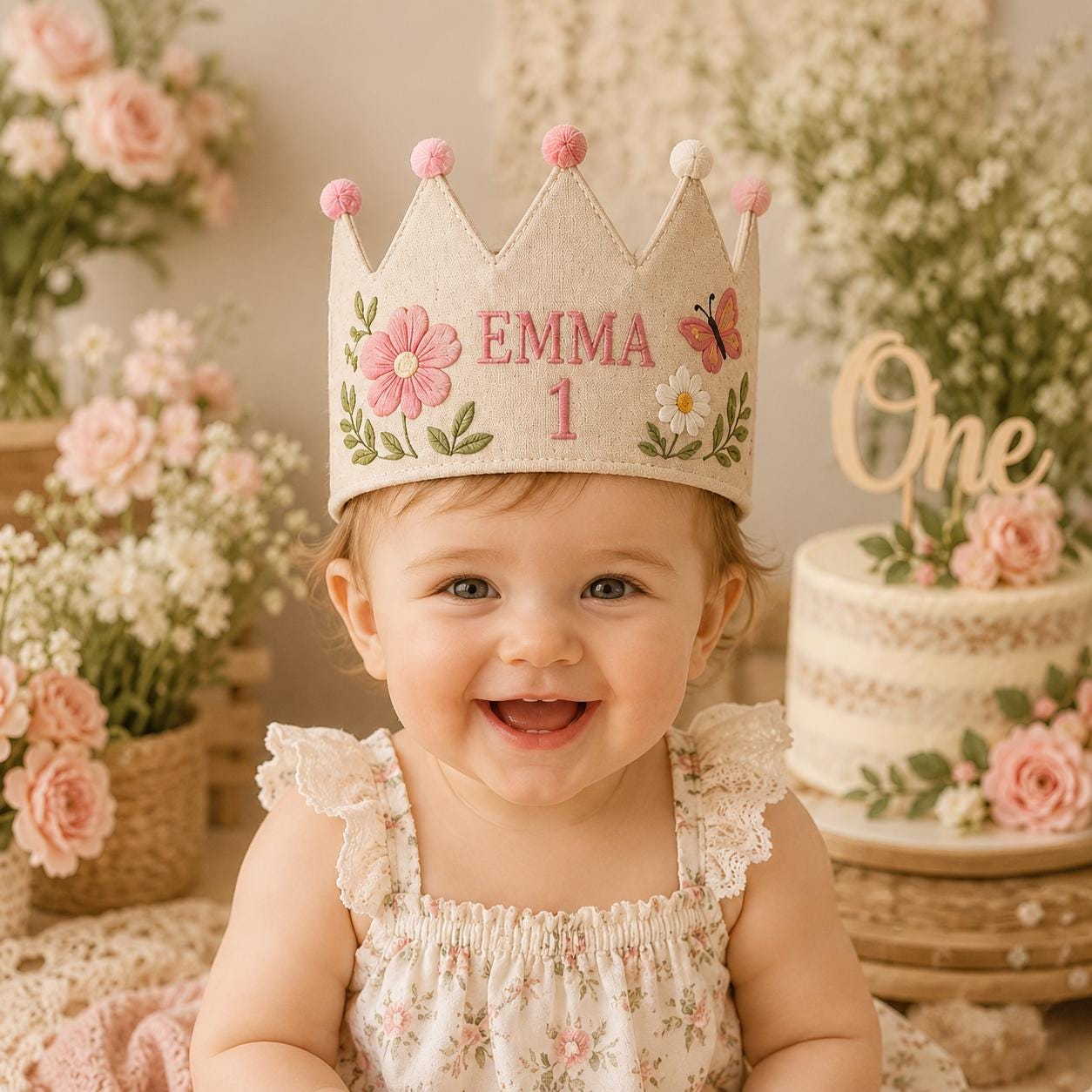 Personalized Little Fisherman Birthday Crown, Embroidered Linen-Look Crown, Custom Name First Birthday Hat
