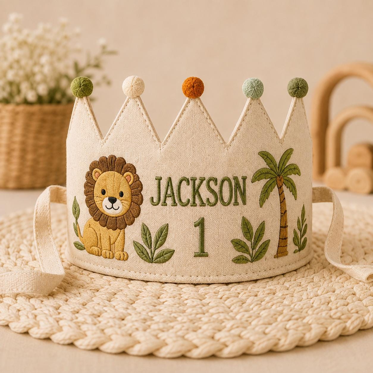Personalized Little Fisherman Birthday Crown, Embroidered Linen-Look Crown, Custom Name First Birthday Hat