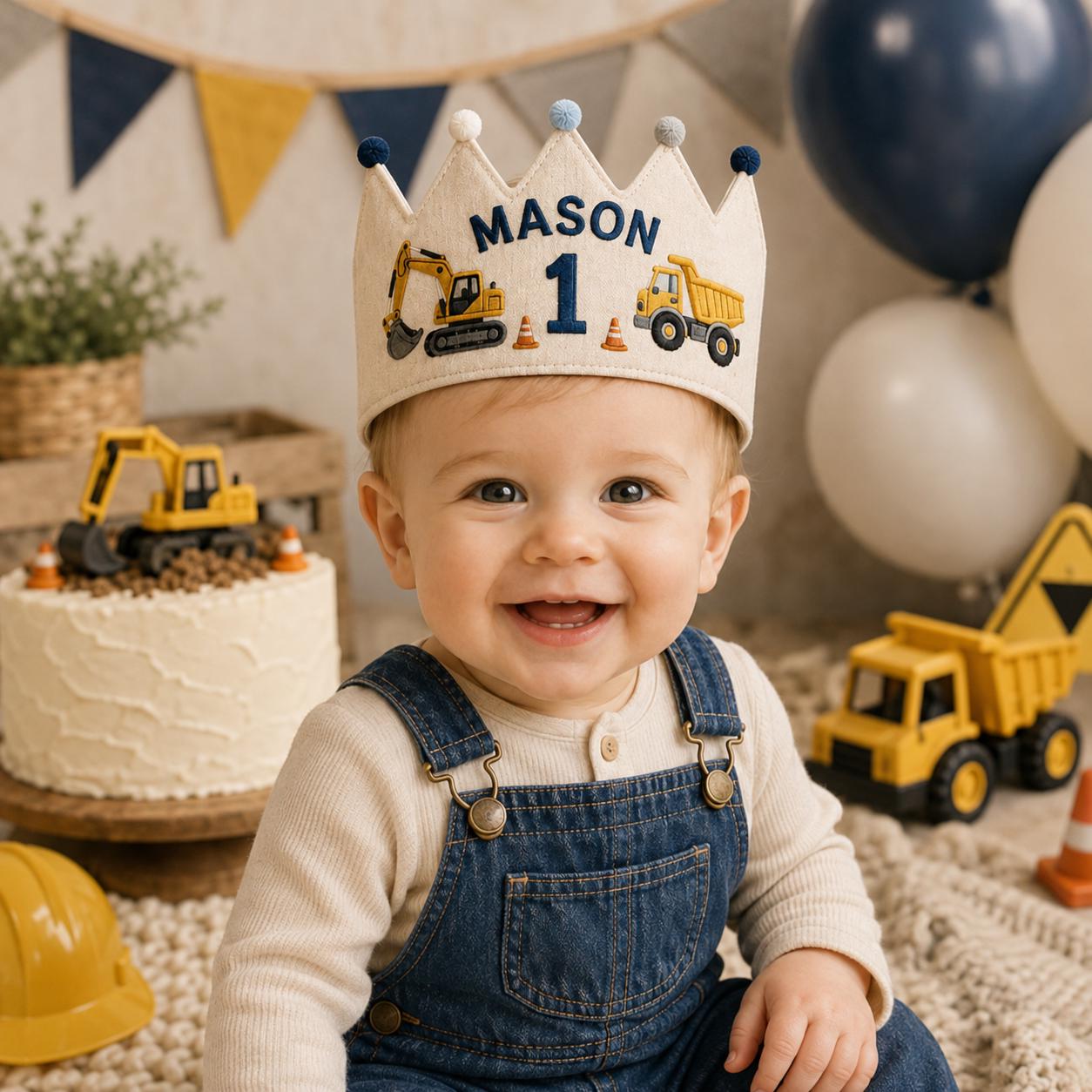 Personalized Boys Birthday Crown, Embroidered Linen-Look Name Crown, Custom First Birthday Party Hat, Baby Keepsake