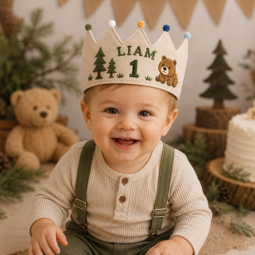 Personalized Boys Birthday Crown, Embroidered Linen-Look Name Crown, Custom First Birthday Party Hat, Baby Keepsake