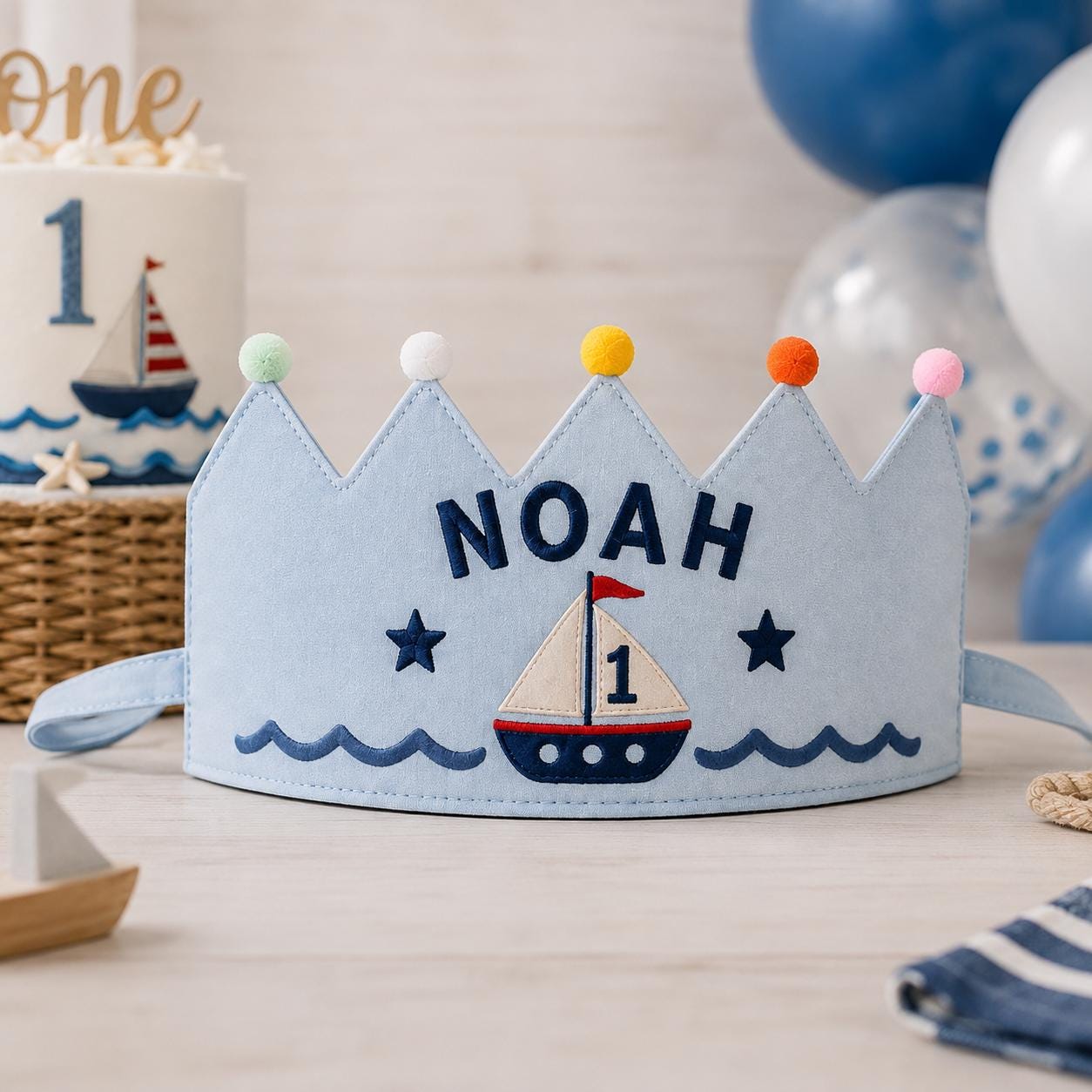 Personalized Boys Birthday Crown, Embroidered Linen-Look Name Crown, Custom First Birthday Party Hat, Baby Keepsake