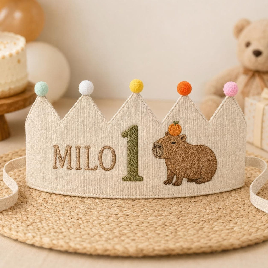 Personalized Capybara Birthday Crown, Embroidered Linen-Look Crown, Custom Name First Birthday Hat, Baby Keepsake