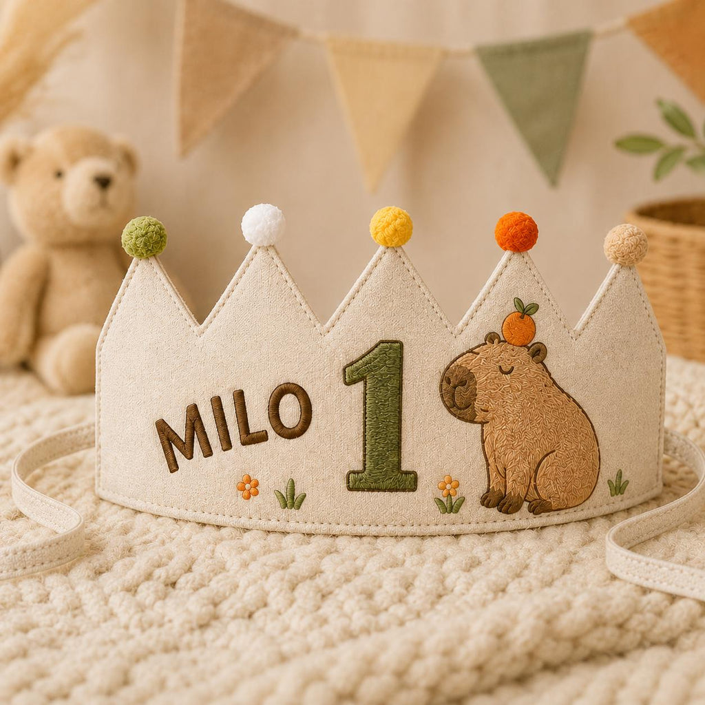Personalized Capybara Birthday Crown, Embroidered Linen-Look Crown, Custom Name First Birthday Hat, Baby Keepsake
