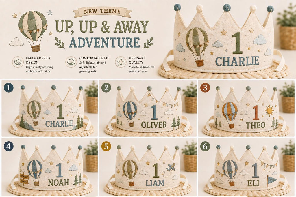 Personalized Hot Air Balloon Birthday Crown, Embroidered Linen-Look Adventure Crown, Custom Name First Birthday Hat, Baby Keepsake