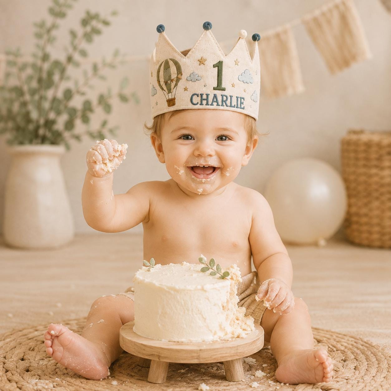 Personalized Hot Air Balloon Birthday Crown, Embroidered Linen-Look Adventure Crown, Custom Name First Birthday Hat, Baby Keepsake