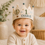Personalized Hot Air Balloon Birthday Crown, Embroidered Linen-Look Adventure Crown, Custom Name First Birthday Hat, Baby Keepsake