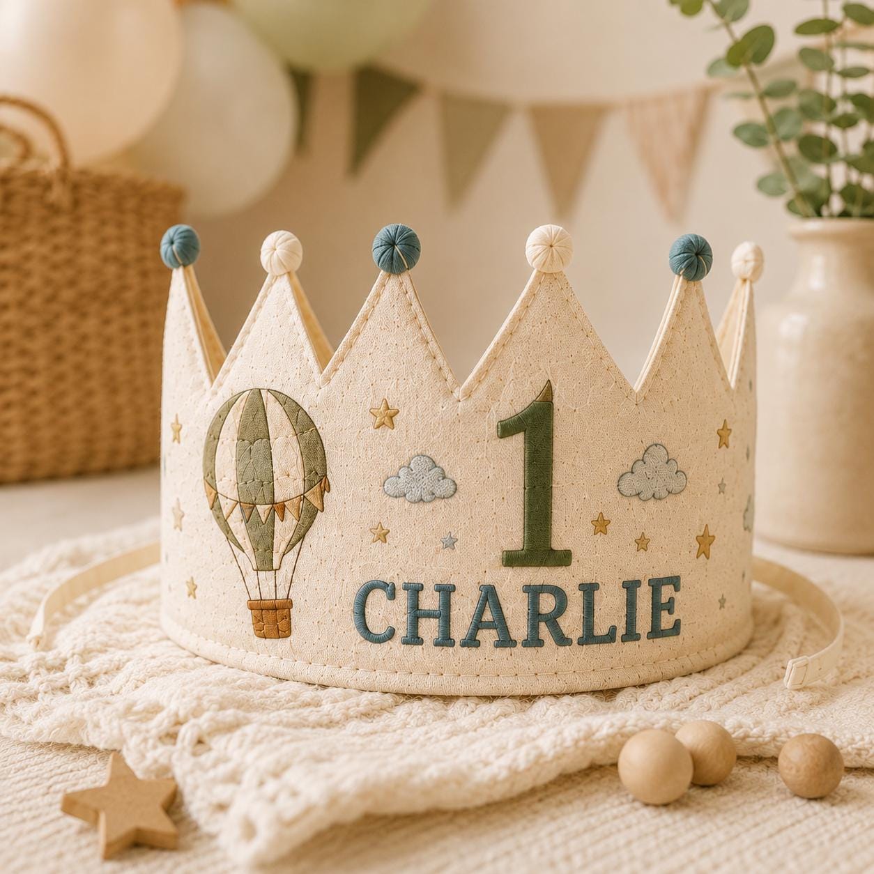 Personalized Hot Air Balloon Birthday Crown, Embroidered Linen-Look Adventure Crown, Custom Name First Birthday Hat, Baby Keepsake