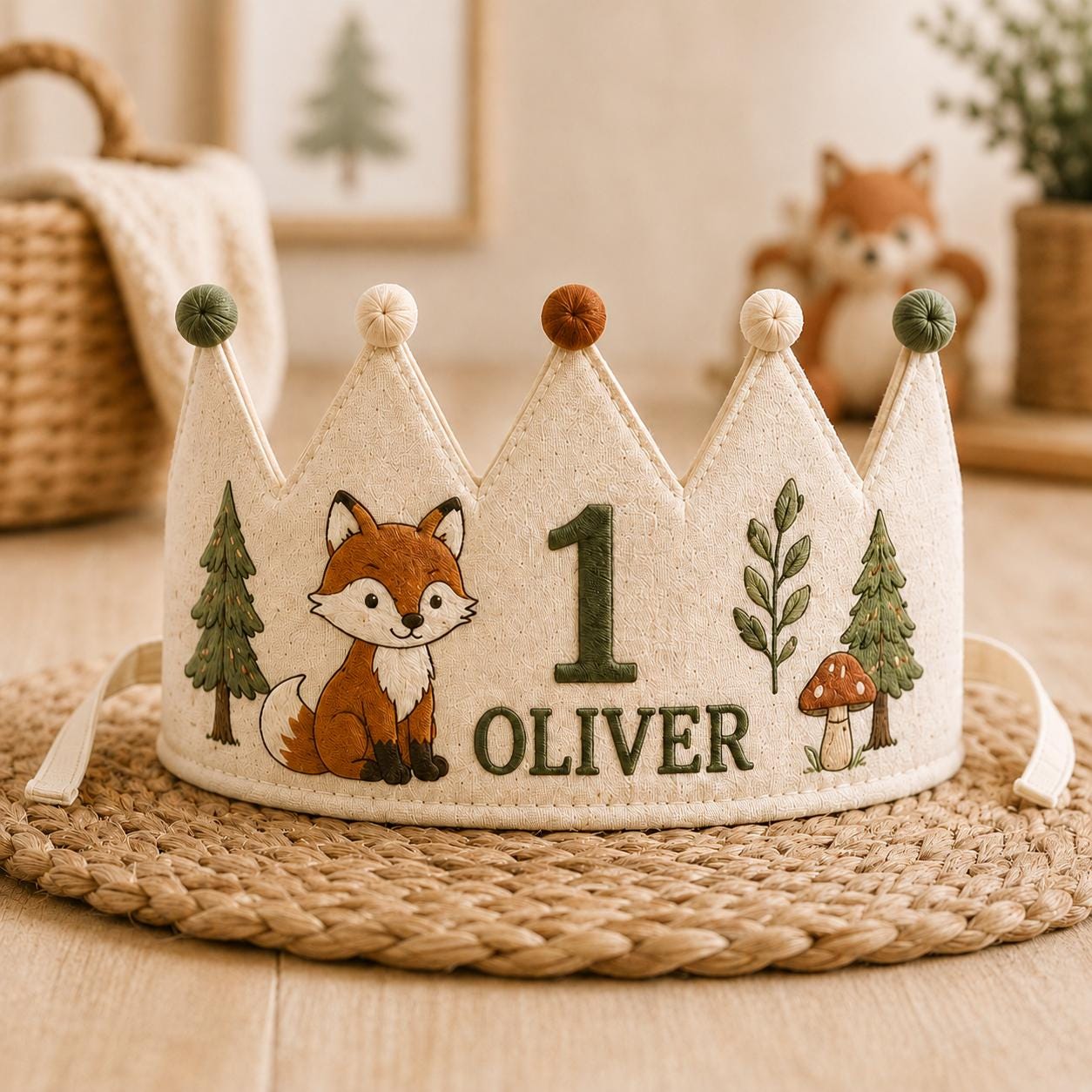 Personalized Woodland Explorer Birthday Crown, Embroidered Linen-Look Animal Crown, Custom Name First Birthday Hat, Baby Keepsake