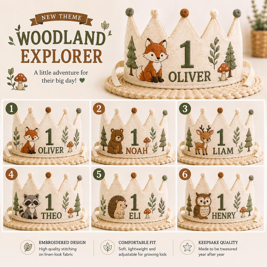 Personalized Woodland Explorer Birthday Crown, Embroidered Linen-Look Animal Crown, Custom Name First Birthday Hat, Baby Keepsake