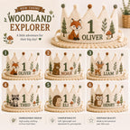 Personalized Woodland Explorer Birthday Crown, Embroidered Linen-Look Animal Crown, Custom Name First Birthday Hat, Baby Keepsake