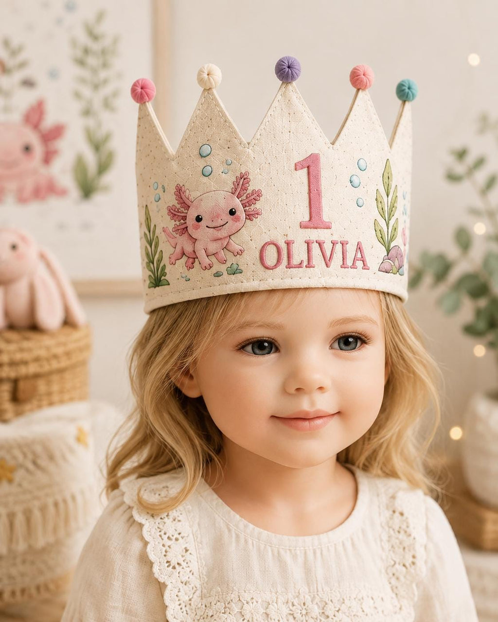 Personalized Axolotl Birthday Crown, Embroidered Linen-Look Crown, Custom Name First Birthday Hat, Underwater Baby Keepsake