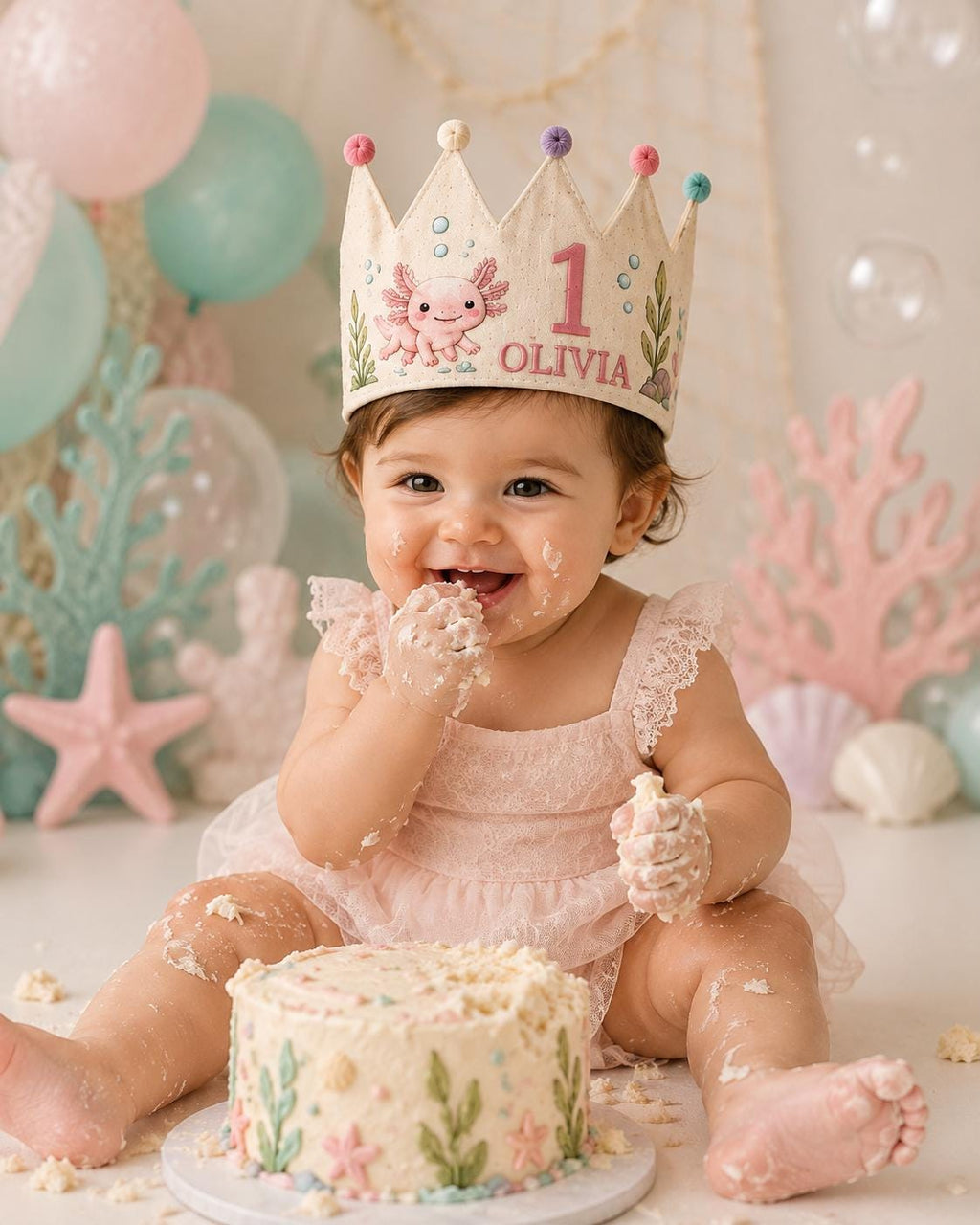 Personalized Axolotl Birthday Crown, Embroidered Linen-Look Crown, Custom Name First Birthday Hat, Underwater Baby Keepsake