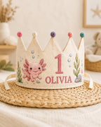 Personalized Axolotl Birthday Crown, Embroidered Linen-Look Crown, Custom Name First Birthday Hat, Underwater Baby Keepsake