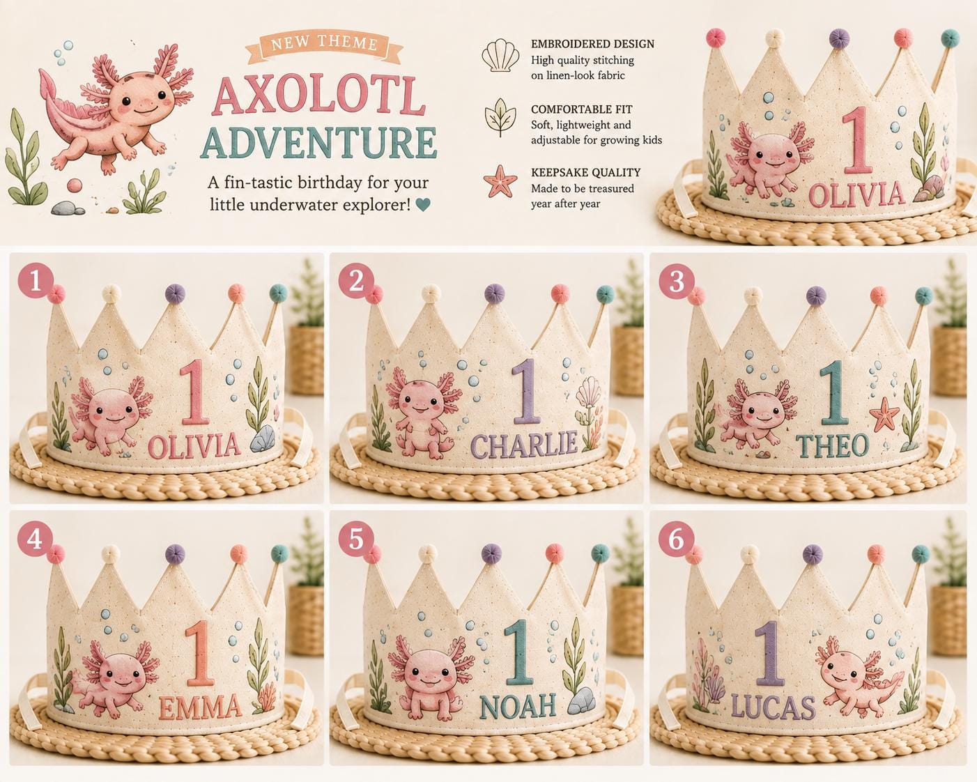 Personalized Axolotl Birthday Crown, Embroidered Linen-Look Crown, Custom Name First Birthday Hat, Underwater Baby Keepsake
