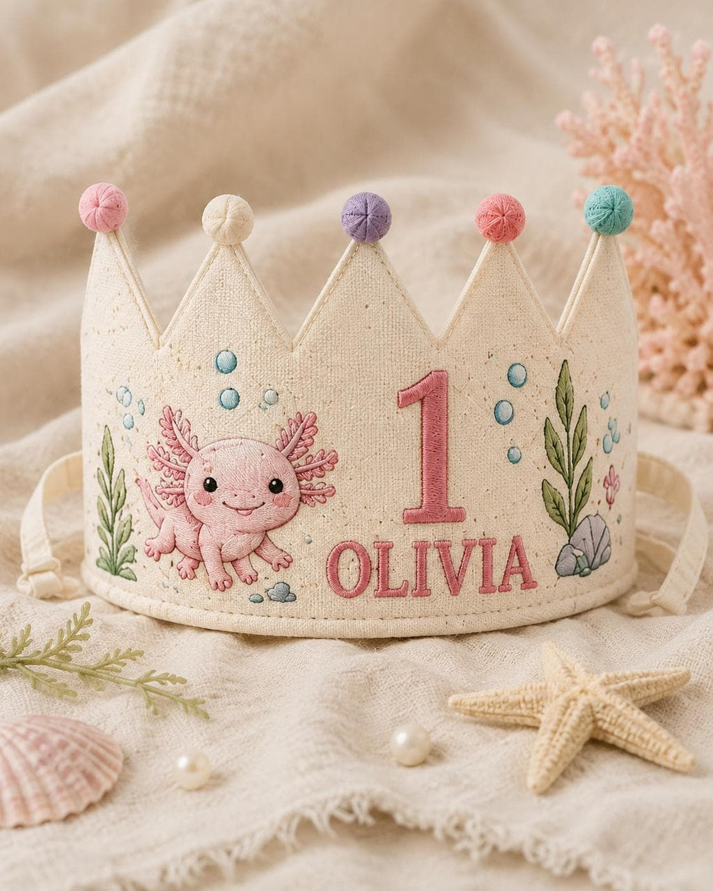 Personalized Axolotl Birthday Crown, Embroidered Linen-Look Crown, Custom Name First Birthday Hat, Underwater Baby Keepsake