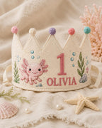 Personalized Axolotl Birthday Crown, Embroidered Linen-Look Crown, Custom Name First Birthday Hat, Underwater Baby Keepsake