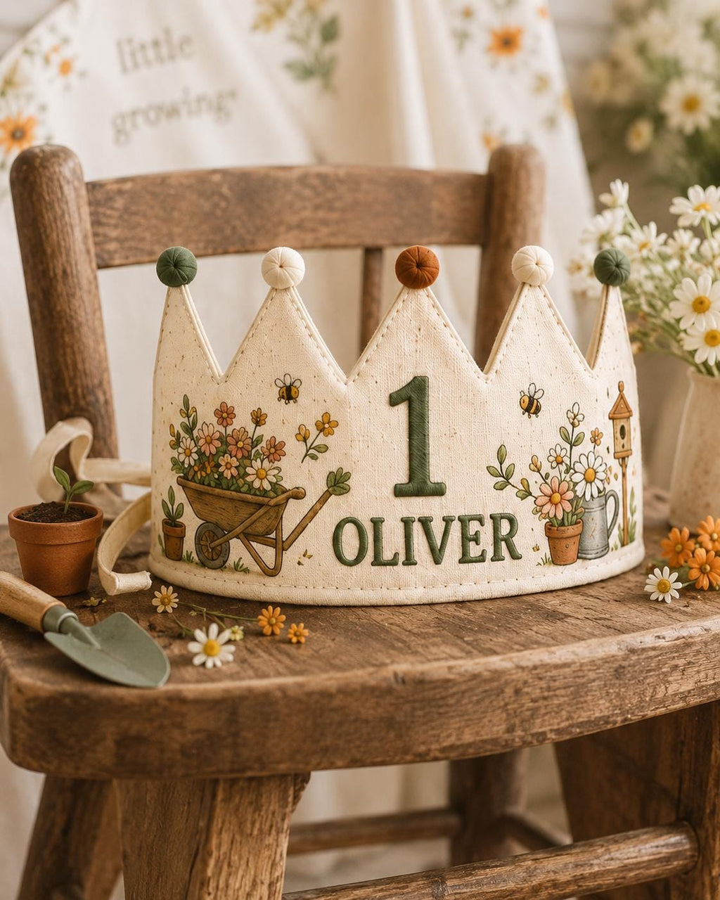 Personalized Little Gardener Birthday Crown, Embroidered Linen-Look Garden Crown, Custom Name First Birthday Hat, Baby Keepsake
