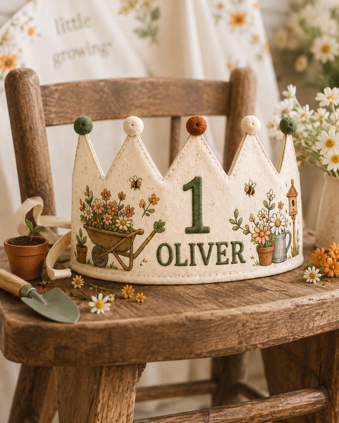 Personalized Little Gardener Birthday Crown, Embroidered Linen-Look Garden Crown, Custom Name First Birthday Hat, Baby Keepsake