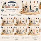 Personalized Space Explorer Birthday Crown, Embroidered Linen-Look Astronaut Crown, Custom Name First Birthday Hat
