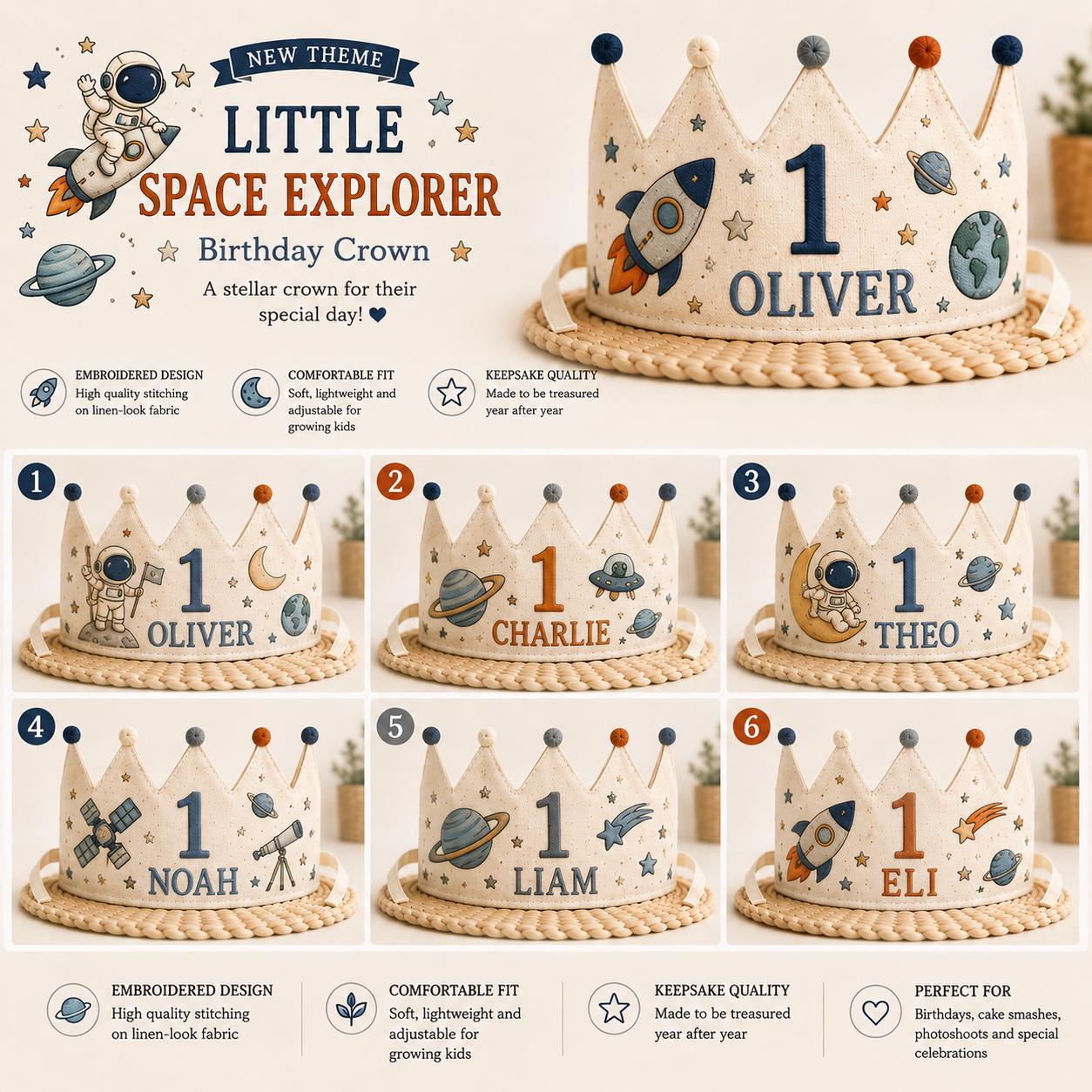 Personalized Space Explorer Birthday Crown, Embroidered Linen-Look Astronaut Crown, Custom Name First Birthday Hat