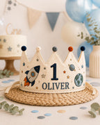 Personalized Space Explorer Birthday Crown, Embroidered Linen-Look Astronaut Crown, Custom Name First Birthday Hat