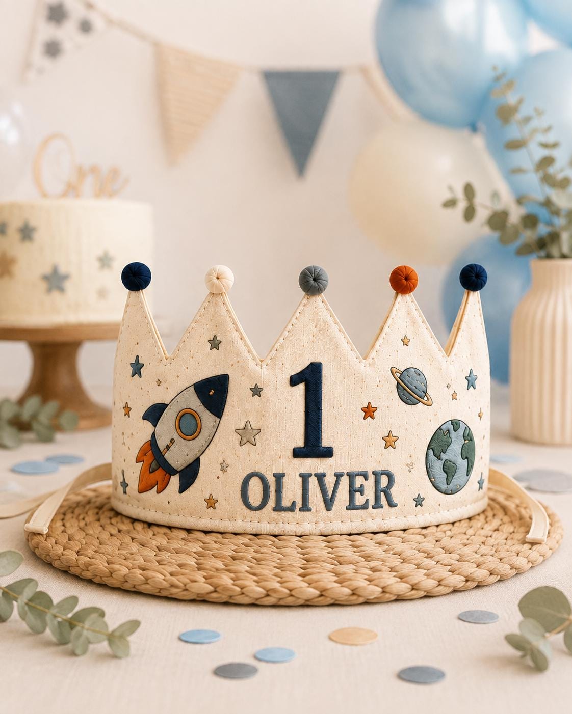 Personalized Space Explorer Birthday Crown, Embroidered Linen-Look Astronaut Crown, Custom Name First Birthday Hat