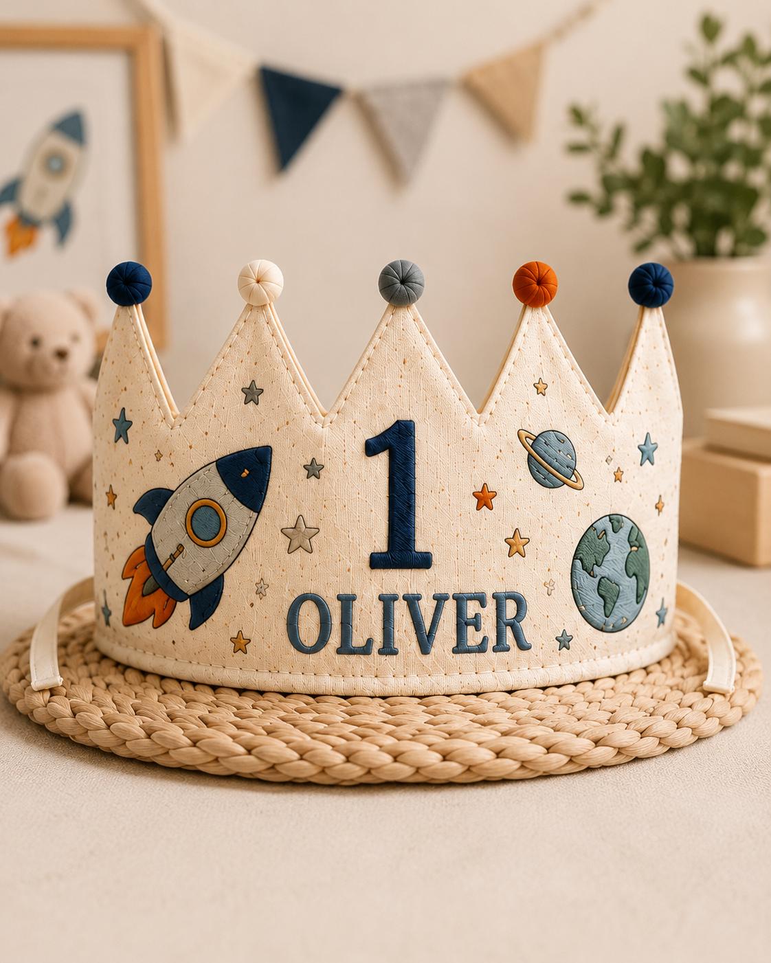 Personalized Space Explorer Birthday Crown, Embroidered Linen-Look Astronaut Crown, Custom Name First Birthday Hat