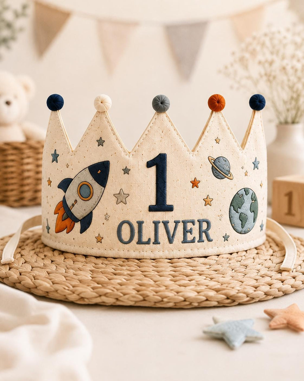 Personalized Space Explorer Birthday Crown, Embroidered Linen-Look Astronaut Crown, Custom Name First Birthday Hat