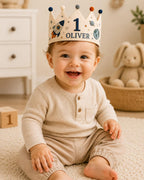 Personalized Space Explorer Birthday Crown, Embroidered Linen-Look Astronaut Crown, Custom Name First Birthday Hat