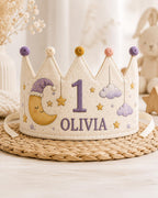 Personalized Little Dreamer Birthday Crown, Embroidered Linen-Look Moon & Stars Crown, Custom Name First Birthday Hat