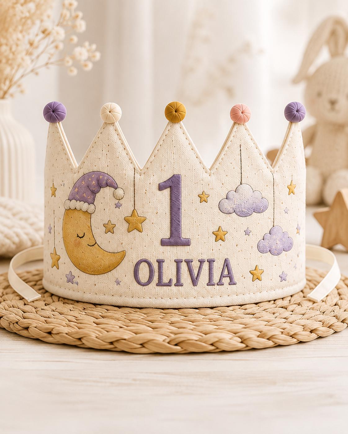 Personalized Little Dreamer Birthday Crown, Embroidered Linen-Look Moon & Stars Crown, Custom Name First Birthday Hat